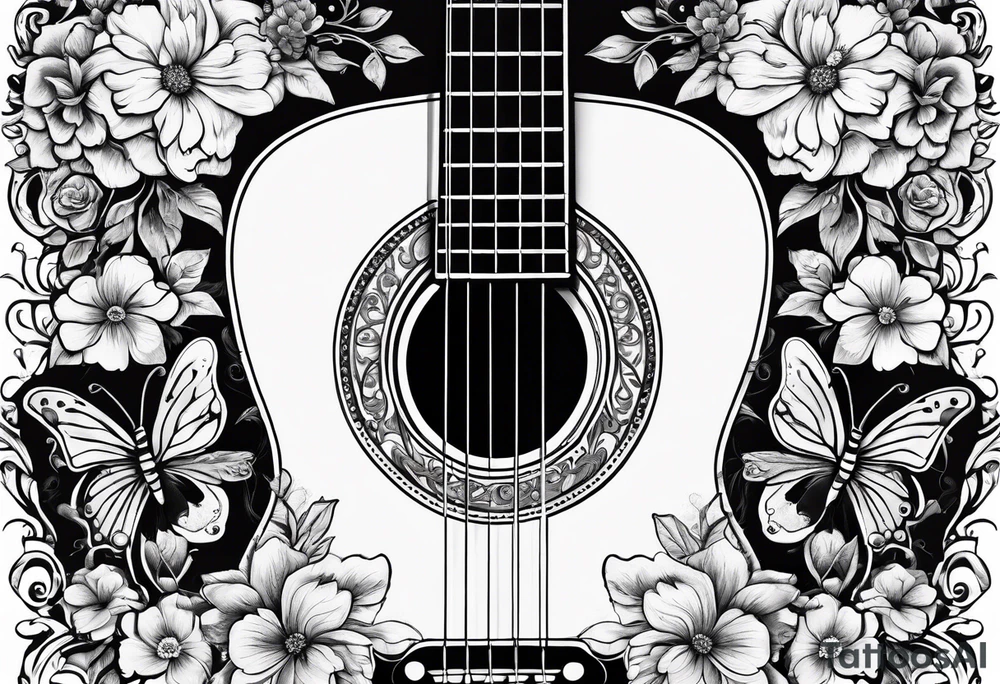 Whole electric acoustic Guitar with flowers growing off the side, butterflies tattoo idea
