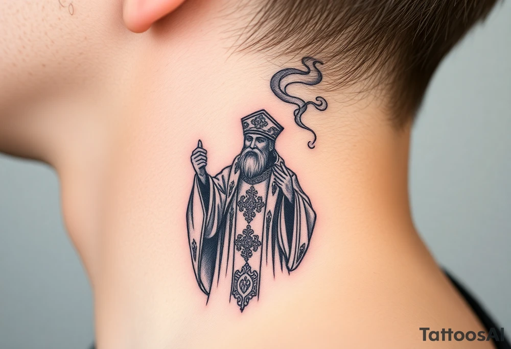 Russian Orthodox Priest in a fully detailed gold vestment swinging a censer with smoke curling upward tattoo idea