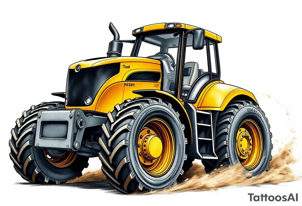 A hyper-realistic yellow tractor in motion, dust swirling around its massive tires. tattoo idea