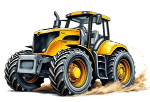 A hyper-realistic yellow tractor in motion, dust swirling around its massive tires. tattoo idea