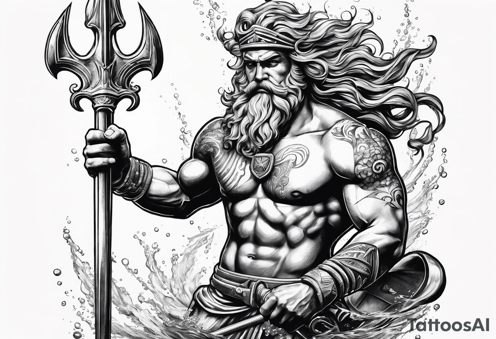 Scuba diver holding a trident of Poseidon underwater tattoo idea