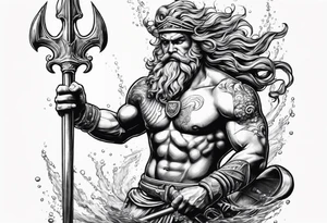 Scuba diver holding a trident of Poseidon underwater tattoo idea
