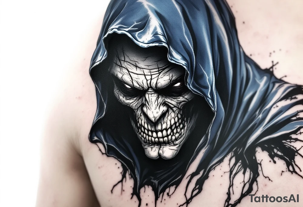 A grim face shaded in bone-white ink under a flowing midnight blue cloak. tattoo idea