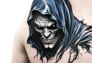 A grim face shaded in bone-white ink under a flowing midnight blue cloak. tattoo idea