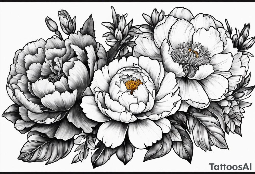 marigold, peony, and narcissus laying side by side, less than 3 inches tall tattoo idea