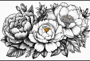 marigold, peony, and narcissus laying side by side, less than 3 inches tall tattoo idea