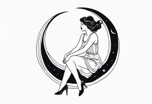 woman in dress with legs straddling a crescent moon tattoo idea