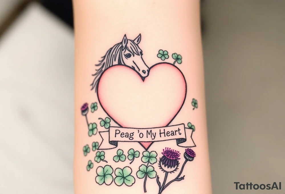 a big pale pink heart and a horse in a huge patch of green shamrocks, and purple thistles, with a banner across the heart that says Peg 'o My Heart tattoo idea