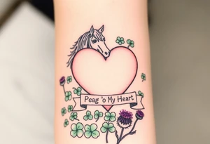 a big pale pink heart and a horse in a huge patch of green shamrocks, and purple thistles, with a banner across the heart that says Peg 'o My Heart tattoo idea