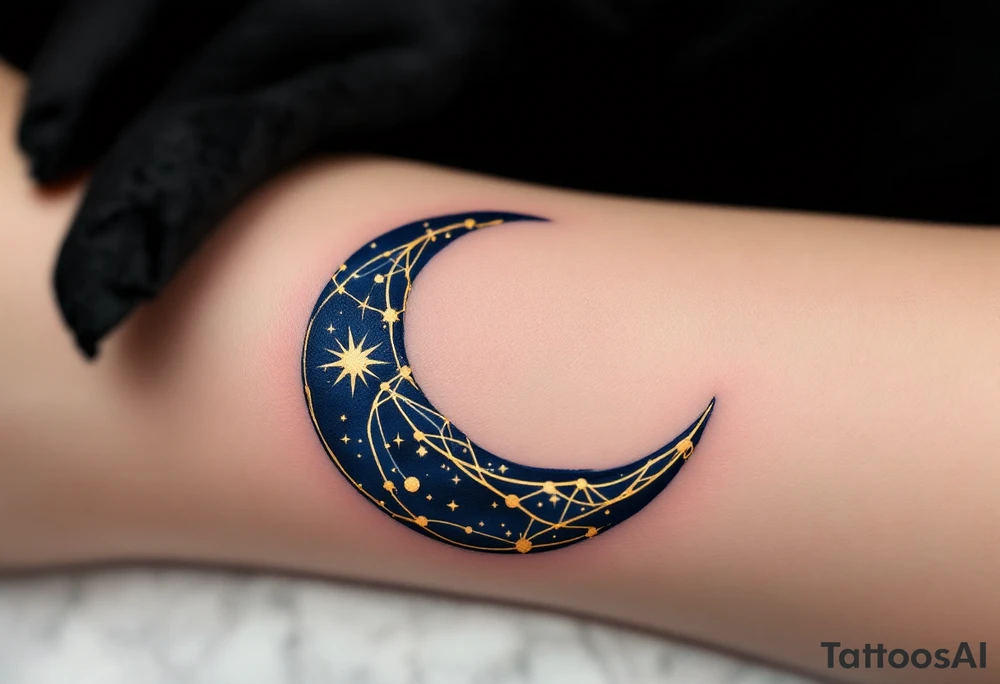 A crescent moon in navy cradles the Cancer constellation in glowing gold ink. tattoo idea