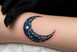A crescent moon in navy cradles the Cancer constellation in glowing gold ink. tattoo idea