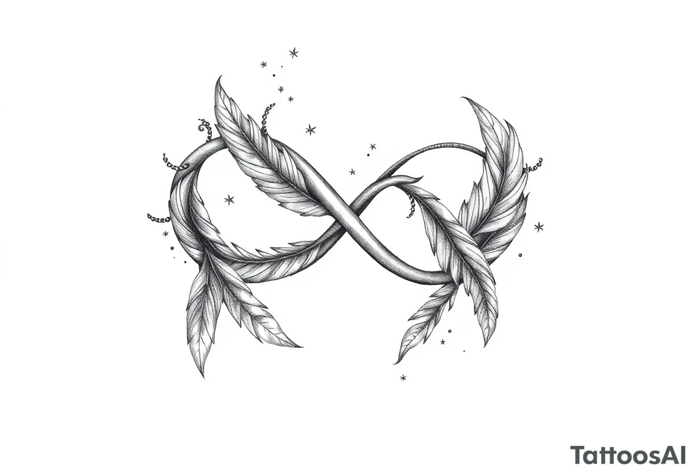 infinity symbol woven with floating feathers and stardust tattoo idea