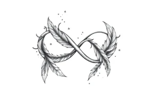 infinity symbol woven with floating feathers and stardust tattoo idea