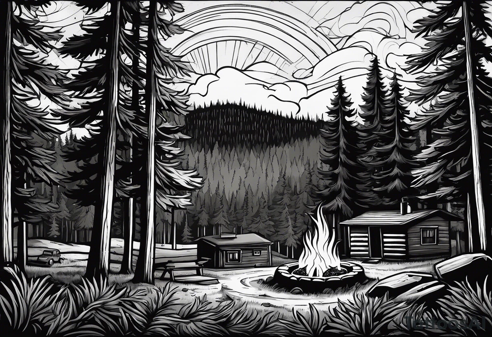 Campground with onr small tent and small fire pit with smoke billowing out of it. Forest of trees surrounding it with three large pine trees being the focus in the background. tattoo idea