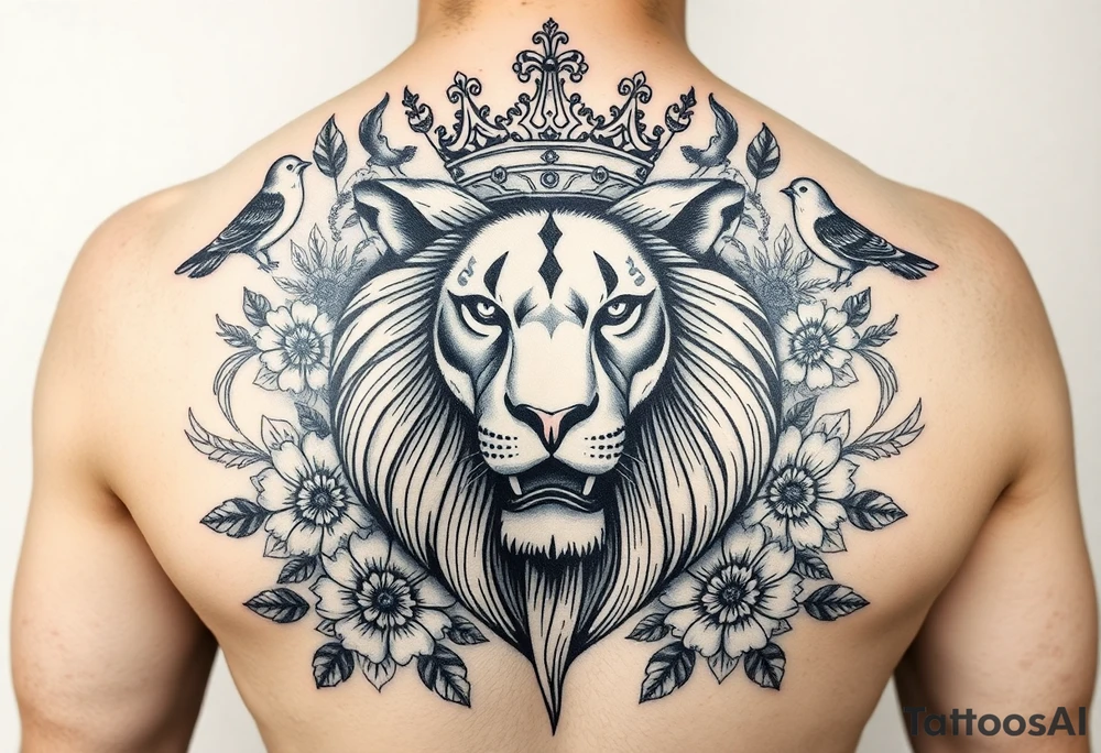 powerful majestic lion with a crown, surrounded by floral ornaments and birds tattoo idea