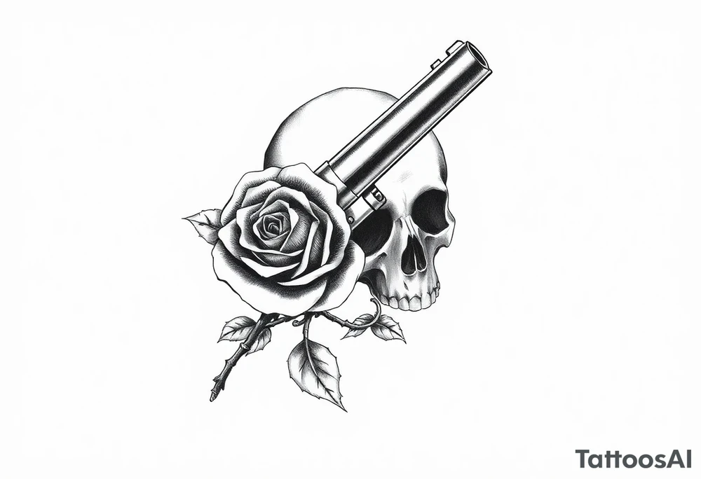 A single thorny rose wrapping around a vintage revolver barrel, silhouetted by a skull. tattoo idea