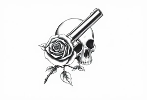 A single thorny rose wrapping around a vintage revolver barrel, silhouetted by a skull. tattoo idea