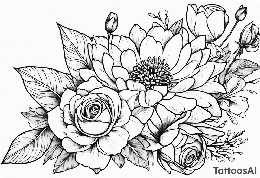 Asters, roses, lily of the valley, and chrysanthemums in a long line tattoo idea