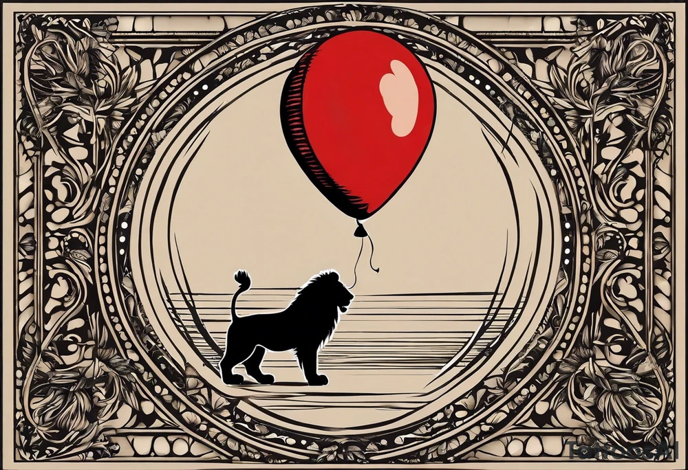 tattoo design should be in the layout of the famouse picture"small princ"  where it should remind me that I survived,and my life was saved by my husband, and he should be represented in the tattoo as a young lion holding a balloon held in the muzzle.
The baloon which is red and in Hearth shape. The whole body of lion should be visible and more abstract not so realistic.The lion is holding the string of the baloon in the muzzle. The string from the balloon should have a heartbeat pulse.The baloon should be red colored, and the rest of the image should be black only. tattoo idea