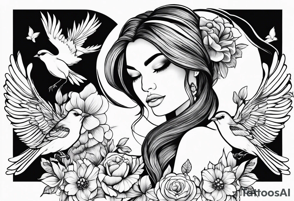 woman holding a book and birds and flowers tattoo idea
