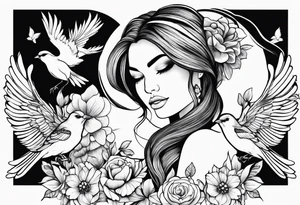 woman holding a book and birds and flowers tattoo idea