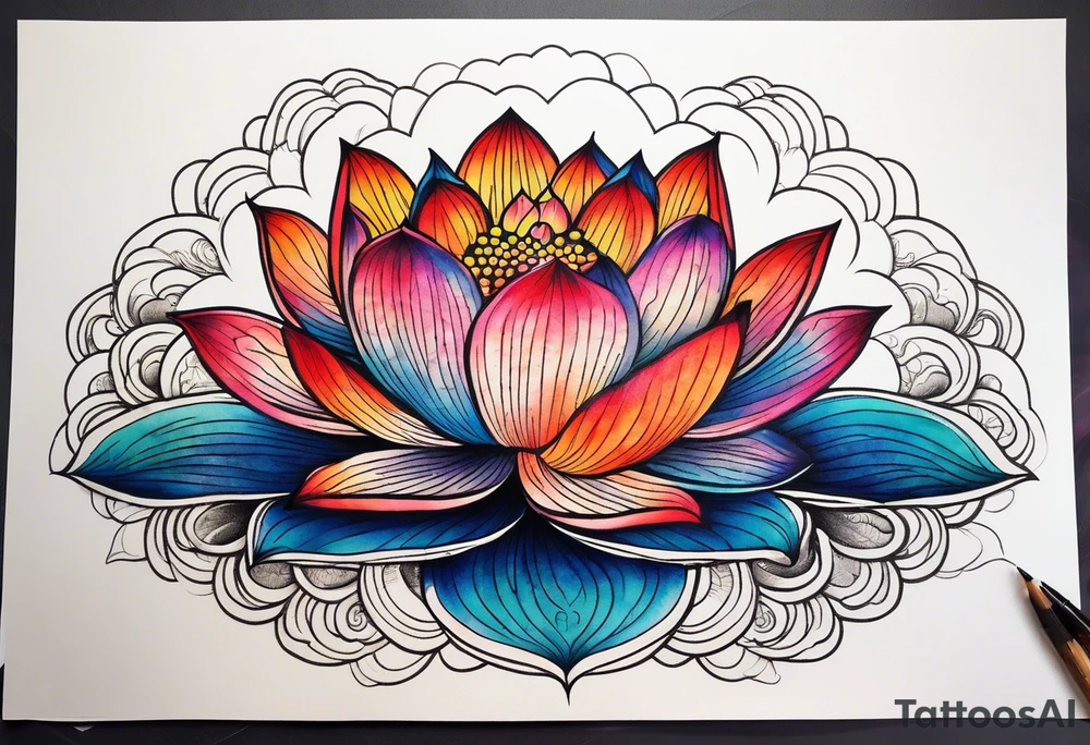 Vibrant colorful lotus flower on the pond with the night sky in the background tattoo idea