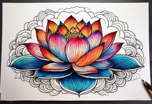 Vibrant colorful lotus flower on the pond with the night sky in the background tattoo idea