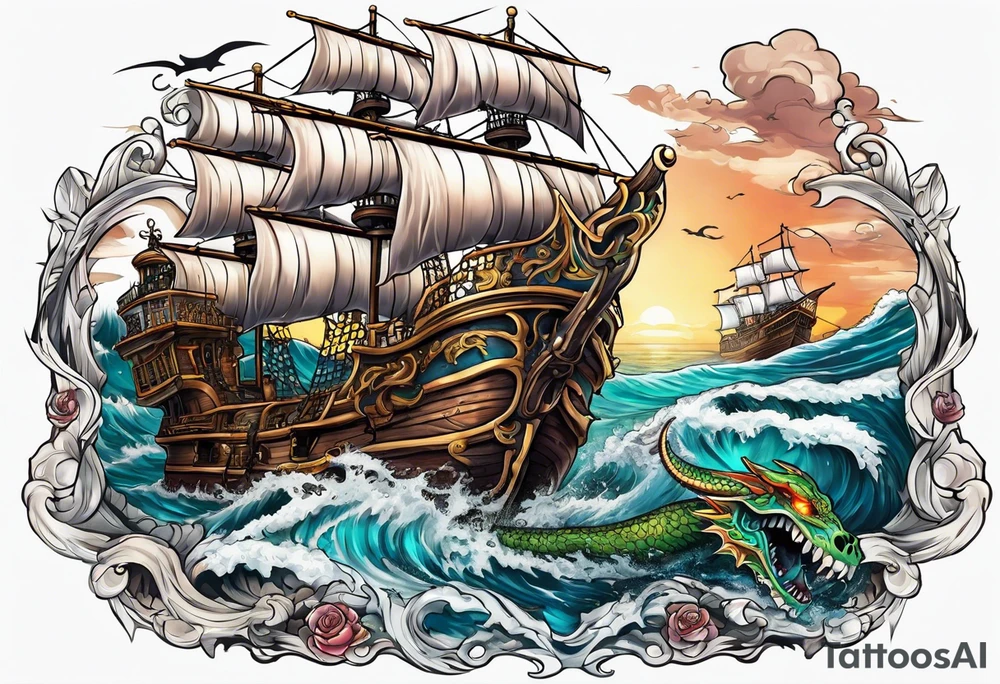 skull pirates with a sea serpent tattoo idea
