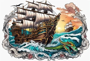 skull pirates with a sea serpent tattoo idea