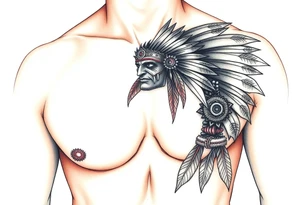 Warrior Indian left chest full color tattoo idea