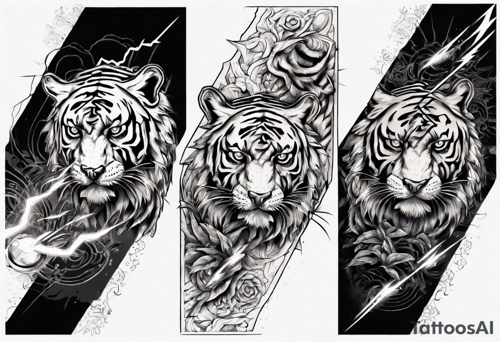 Ancient tiger with lightning and a sun for a forearm sleeve. With patterns surrounding it tattoo idea