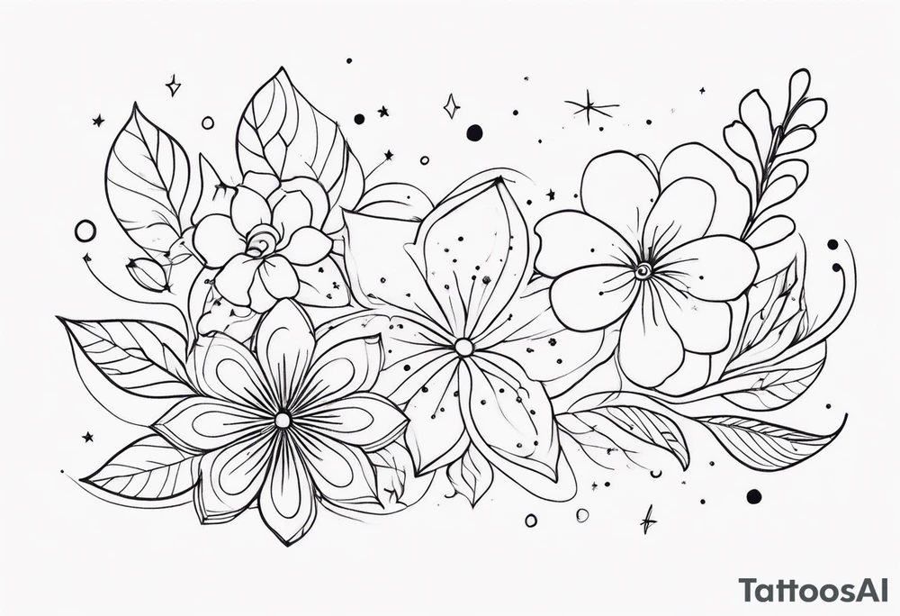 fine line floral with stars, swirls, dots tattoo idea