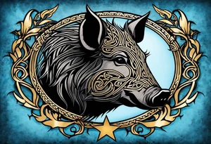 Side profile, Celtic, tribal, wild boar, On a Chatwin family crest with blue background, two gold stars, and a gold Chevron, and a Thistle. With bold black tribal lines. ancient Celtic, tribal boar tattoo idea