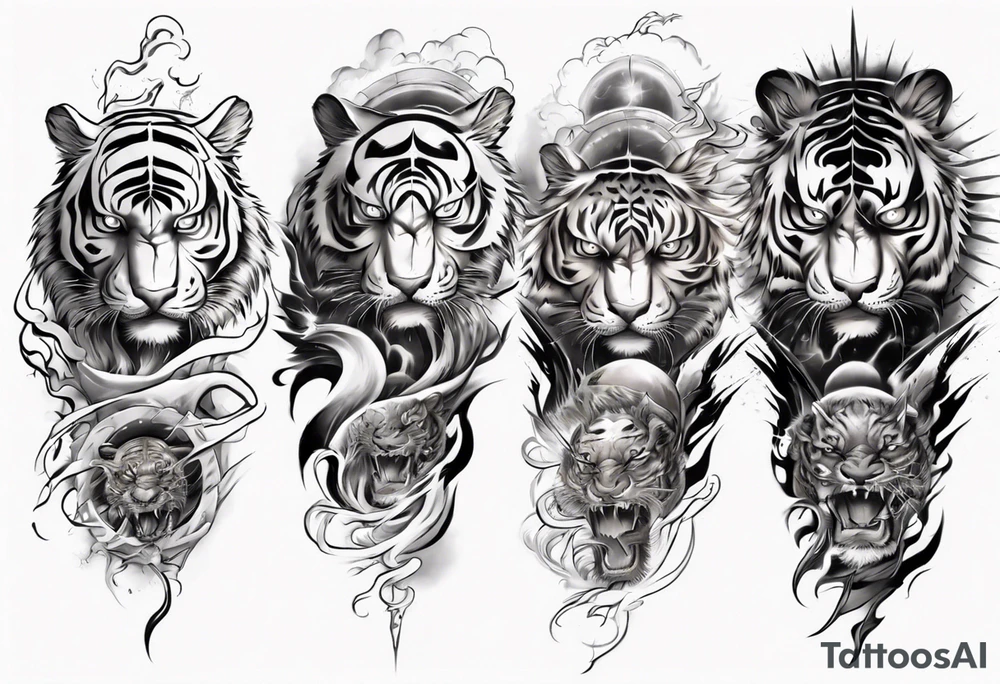 Tiger Warrior sleeve tattoo with lightning and the sun
Forearm sleeve tattoo idea