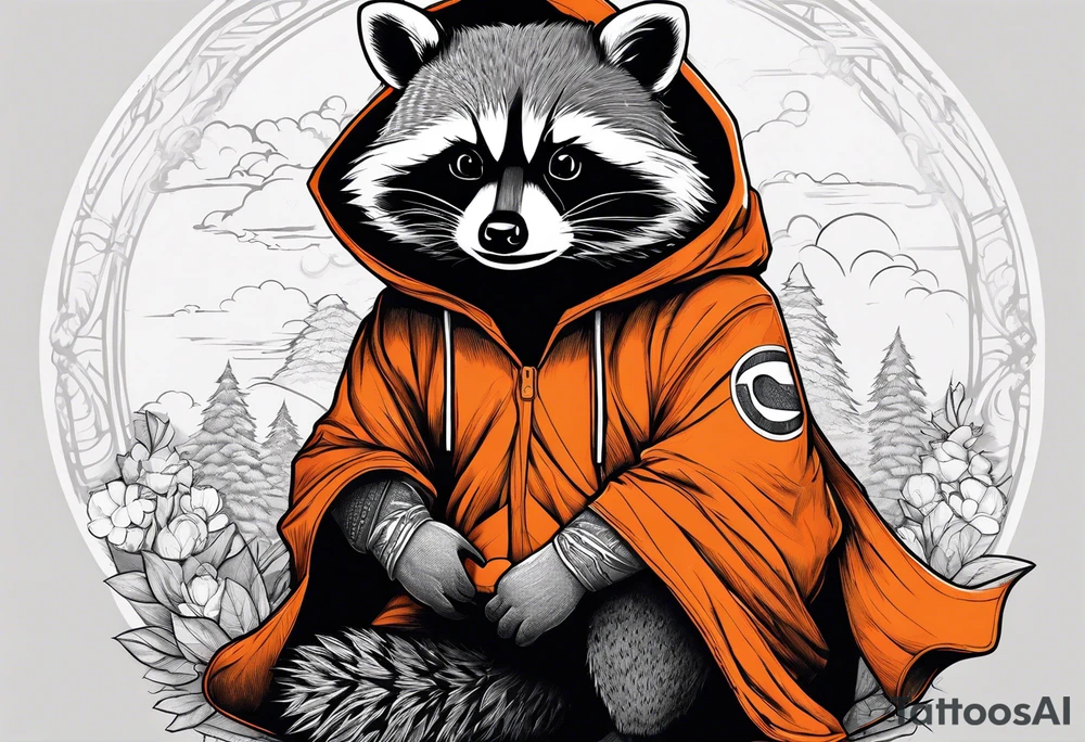 Raccoon wearing an orange Superman hoodie tattoo idea