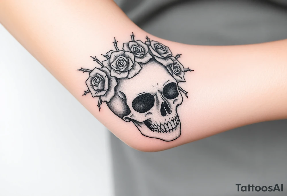 ornate skull adorned with crown of wild roses and thorns tattoo idea