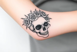 ornate skull adorned with crown of wild roses and thorns tattoo idea