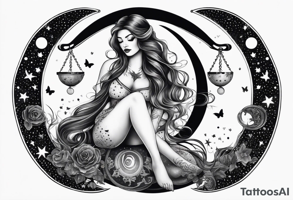 Beautiful woman with butterflies in her long wavy hair sitting on a half moon holding the libra scales with a moon and star background tattoo idea