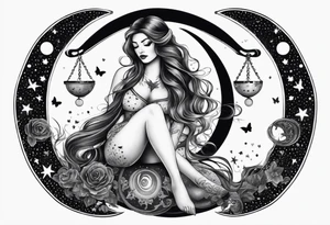Beautiful woman with butterflies in her long wavy hair sitting on a half moon holding the libra scales with a moon and star background tattoo idea