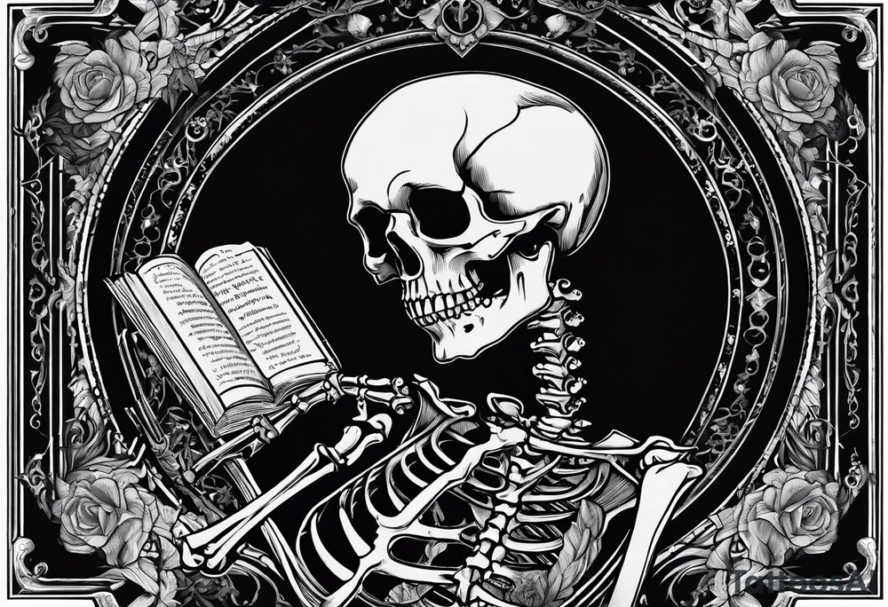 Gothic tarot card with a skeleton reading a book with a name plate “the reader” tattoo idea