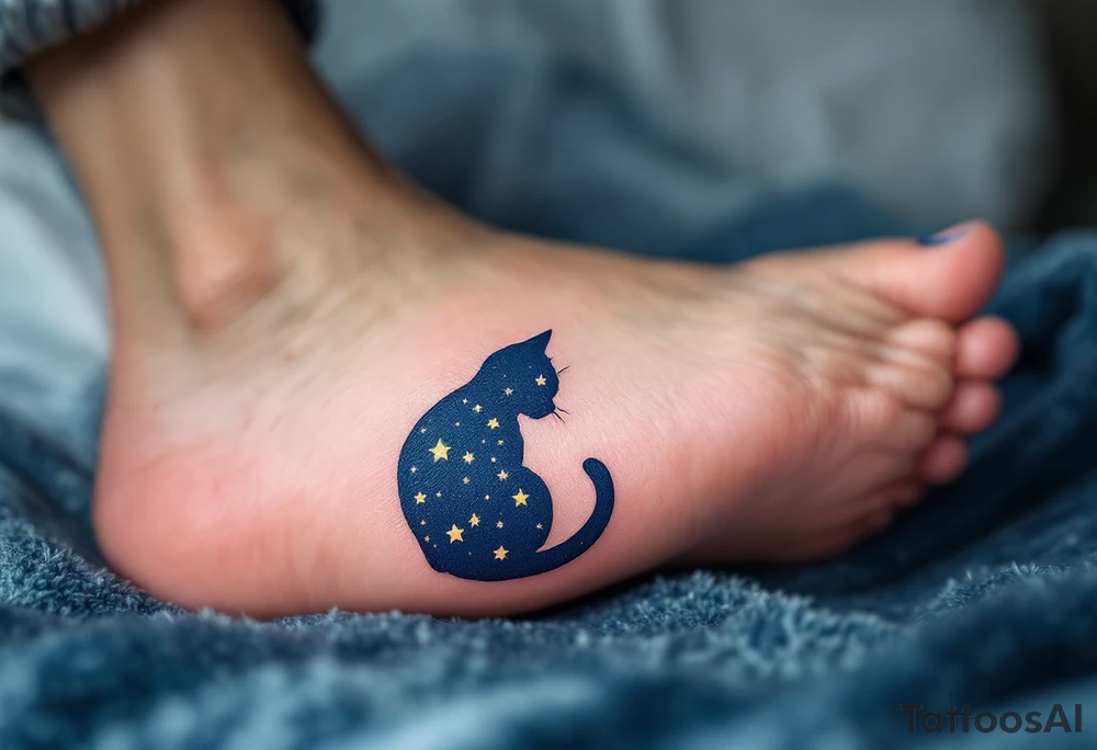 Starry Night Cat Silhouette – A curled-up cat filled with a star-speckled dark blue background, resembling Van Gogh’s “Starry Night.” tattoo idea