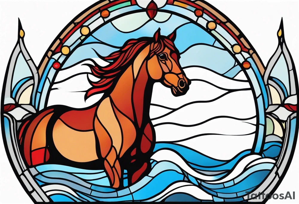 stained glass window with a red and brown horse's head rising from the blue ocean waves tattoo idea