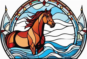 stained glass window with a red and brown horse's head rising from the blue ocean waves tattoo idea