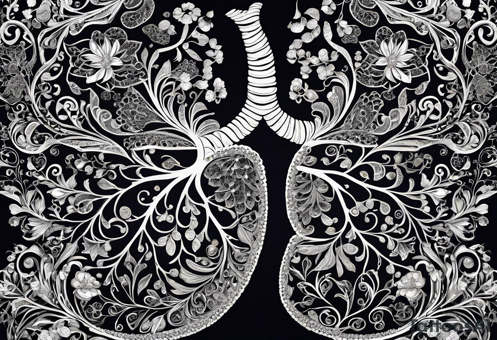 intricate and artistic arrangement of flowers and ornamental patterns that come together to form the shape of human lungs. The design should have a balance of delicacy and detail, with vibrant floral elements seamlessly intertwining to mimic the structure of the lungs, including the bronchi branching into floral motifs. Incorporate subtle shading and depth to give the tattoo a dynamic and organic feel, while maintaining elegance and symmetry tattoo idea