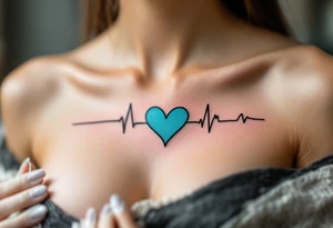 A black EKG heartbeat crossing the chest, transitioning into a vibrant teal heart at the center. tattoo idea
