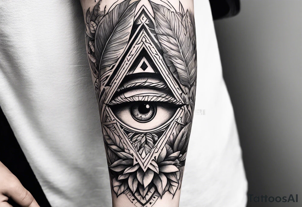 arm sleeve tattoo with all-seeing eye and jungle plants tattoo idea