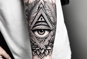 arm sleeve tattoo with all-seeing eye and jungle plants tattoo idea