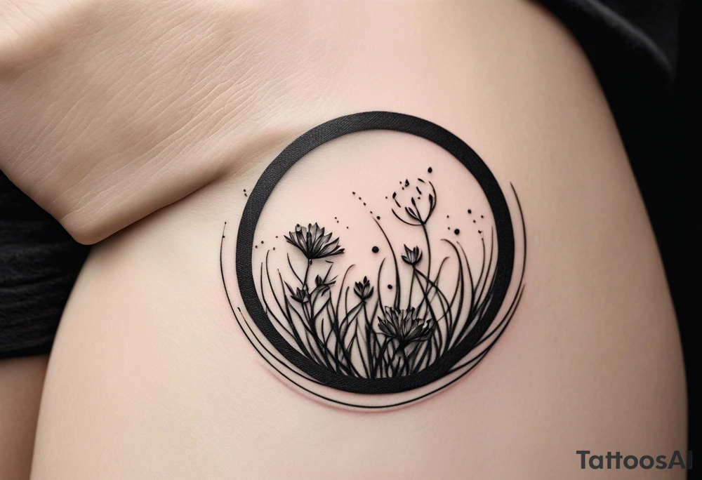 Here’s a description for the fourth idea:

	Minimalist black-and-white tattoo above the inner elbow, featuring an open circle with a small sprouting seed or budding plant inside, symbolizing new life and growth. From the seed, a fine, delicate lifeline extends outward, representing the journey of parent and child together. The design uses thin, clean lines for a simple, elegant, and symbolic look. tattoo idea