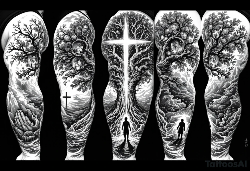 A highly detailed black and grey realism tattoo sleeve design that tells a story of faith, family, and perseverance. A large, deeply rooted tree with strong branches represents family and growth. Within the bark of the tree, hidden images of hands clasped together and a father guiding a child can be seen. A distant cross glows subtly through a stormy sky, symbolizing divine guidance. A warrior stands at the base of the tree, looking toward the cross, representing endurance through hardship. The design blends realism and abstract elements, with deep shadows at the base fading into light near the shoulder. tattoo idea