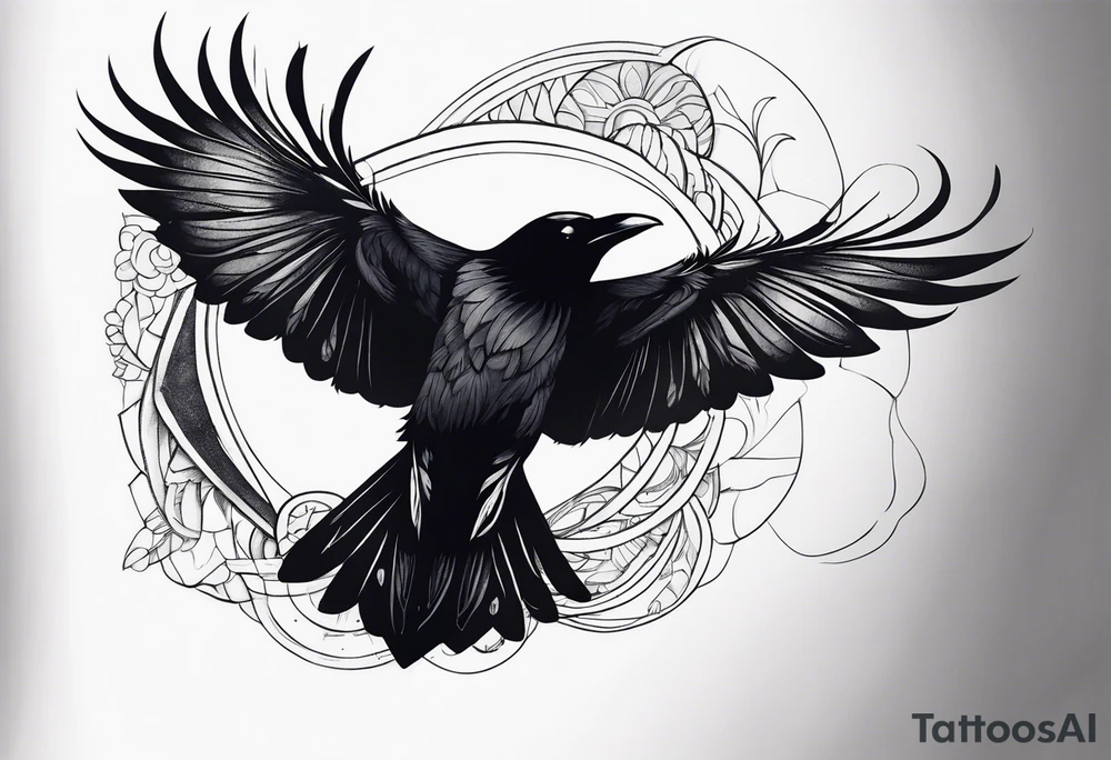 Raven in flight, upsidedown, knowing, light behind its eyes, ethereal tattoo idea Raven in flight, upsidedown, knowing, light behind its eyes, ethereal tattoo idea